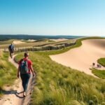 Túrázók a Billund-i Grene Sande dűnéin, gyönyörű tájban.