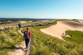 Túrázók a Billund-i Grene Sande dűnéin, gyönyörű tájban.