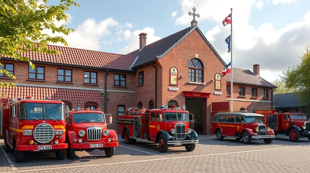 Dán Tűzoltó Múzeum Billundban, tűzoltóautók és múzeum épület
