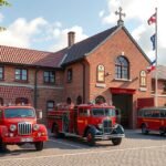 Dán Tűzoltó Múzeum Billundban, tűzoltóautók és múzeum épület