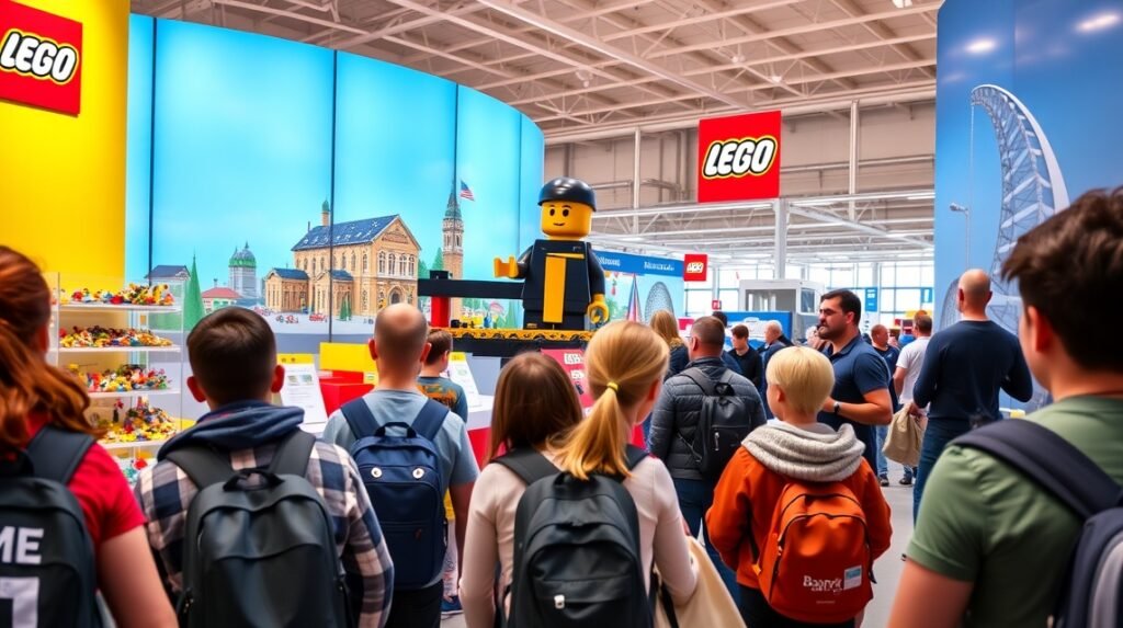 LEGO gyár látogatói a Billund-i gyárban, interaktív élményekkel.