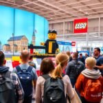 LEGO gyár látogatói a Billund-i gyárban, interaktív élményekkel.
