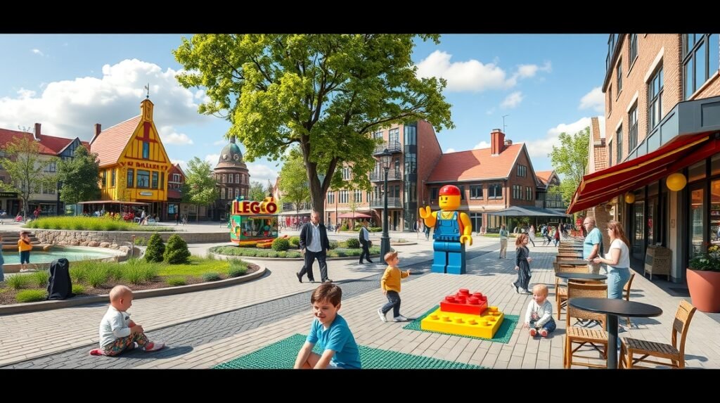Billund városközpontja LEGO figurával, gyerekekkel és családos látogatókkal.