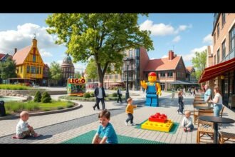 Billund városközpontja LEGO figurával, gyerekekkel és családos látogatókkal.