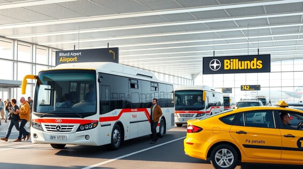 Billund repülőtér közlekedési lehetőségei, buszok és taxik