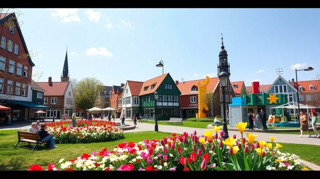 Billund városképe virágokkal és épületekkel, napsütéses időben.