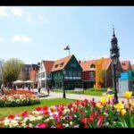 Billund városképe virágokkal és épületekkel, napsütéses időben.