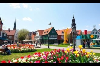 Billund városképe virágokkal és épületekkel, napsütéses időben.