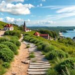 Kilátás Kalvø szigetéről a zöld dombok és tenger felé.