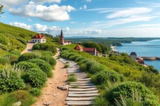 Kilátás Kalvø szigetéről a zöld dombok és tenger felé.
