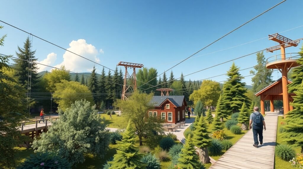 Látvány a HighPark Sønderjylland kalandpark lombpályáival és tájaival.