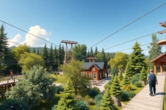 Látvány a HighPark Sønderjylland kalandpark lombpályáival és tájaival.