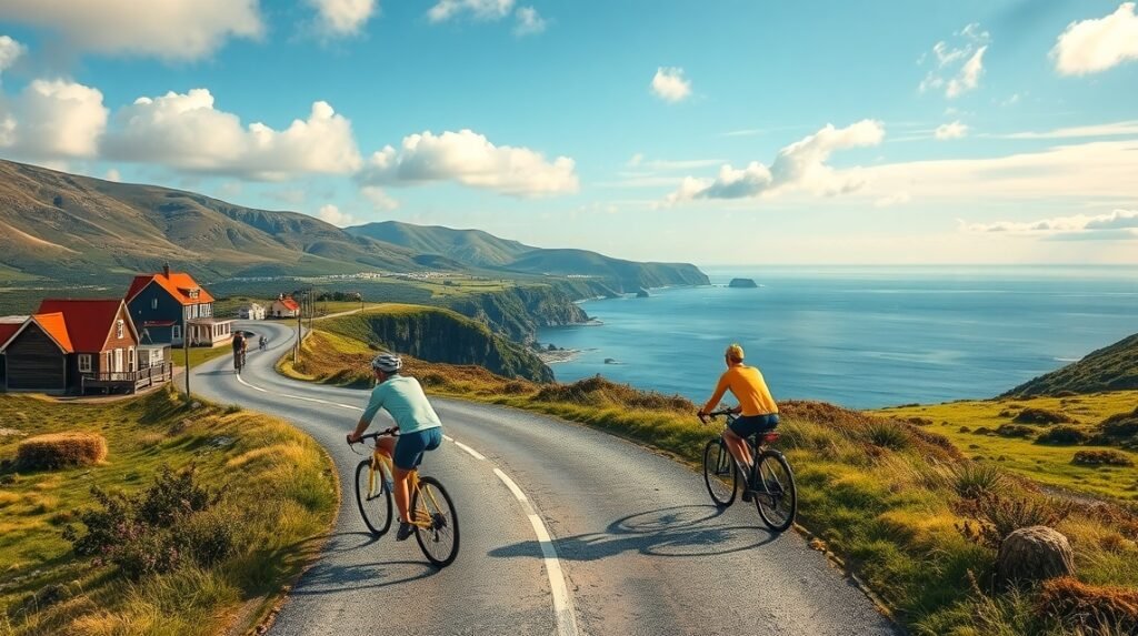 Kerékpárosok élvezik a gyönyörű tájat Blåkrog keleti partján
