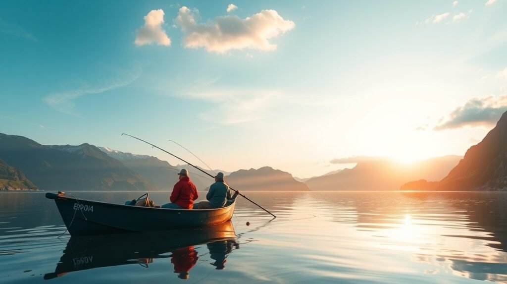 Horgászat a fjordokban, naplementében, Blåkrogban