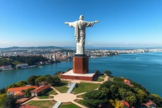 Cristo Rei szobor a Tejo folyó felett, gyönyörű kilátással Lisszabonra