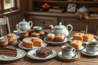 Dél-jütlandi kávéasztal házi süteményekkel és kávéval.