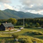 Két vidéki ház gyönyörű tájban, zöld dombokkal és fák alatt.