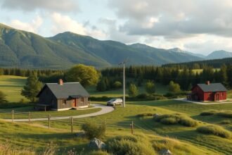 Két vidéki ház gyönyörű tájban, zöld dombokkal és fák alatt.