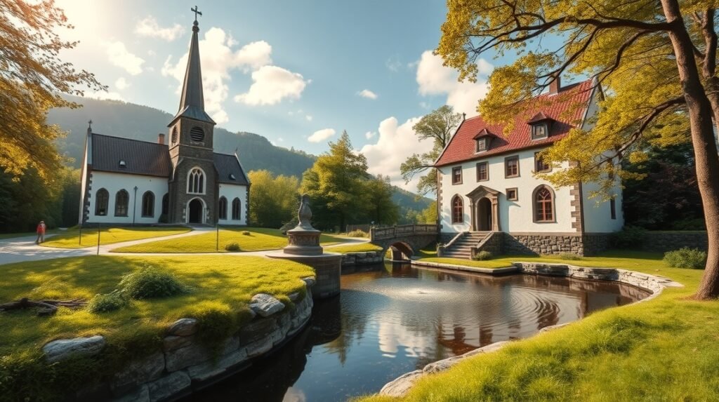 Boeslunde templom és szent forrás a dán vidéken