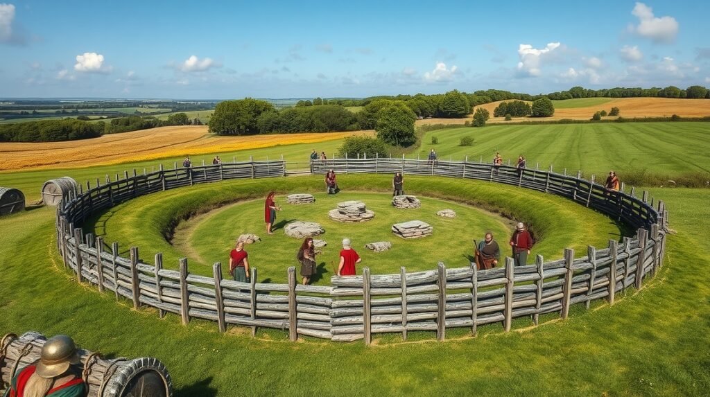 Trelleborg viking gyűrűvár látképe a vidéki tájban