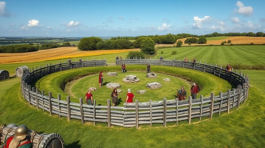 Trelleborg viking gyűrűvár látképe a vidéki tájban