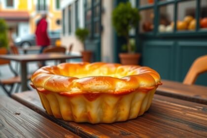 Friss sült Pastel de Nata a lisszaboni utcában