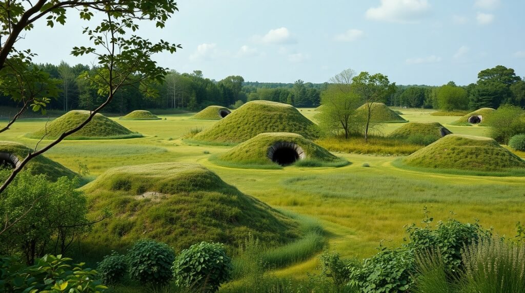 Őskori halomsírok Boeslunde környékén, Dánia zöld táján.