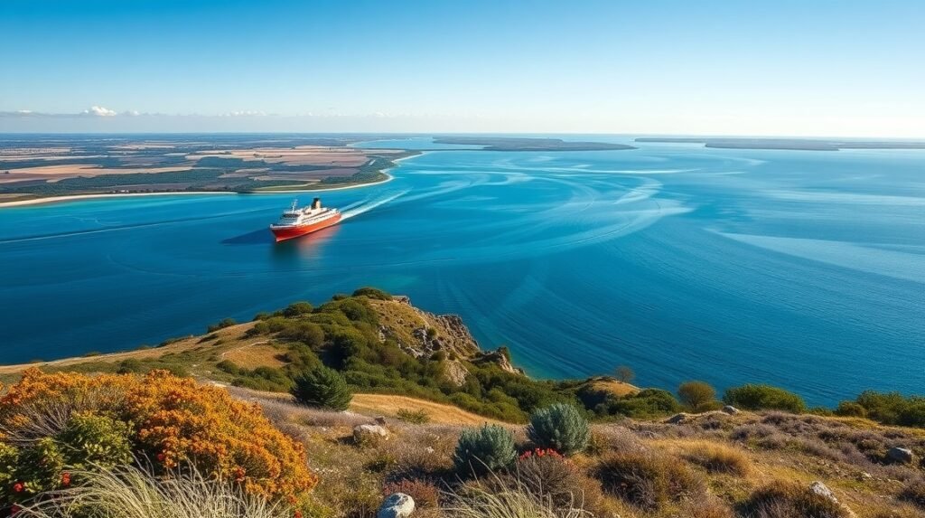 Kép egy kompról, amely Agersø szigete felé halad a gyönyörű vízen.