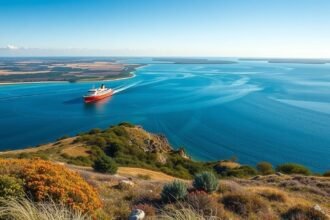 Kép egy kompról, amely Agersø szigete felé halad a gyönyörű vízen.