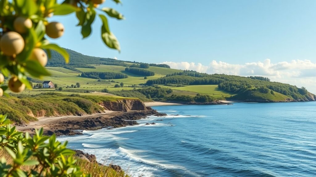 Nyugat-Sjælland vadregényes partvidéke, homokos strandok és zöld dombok.
