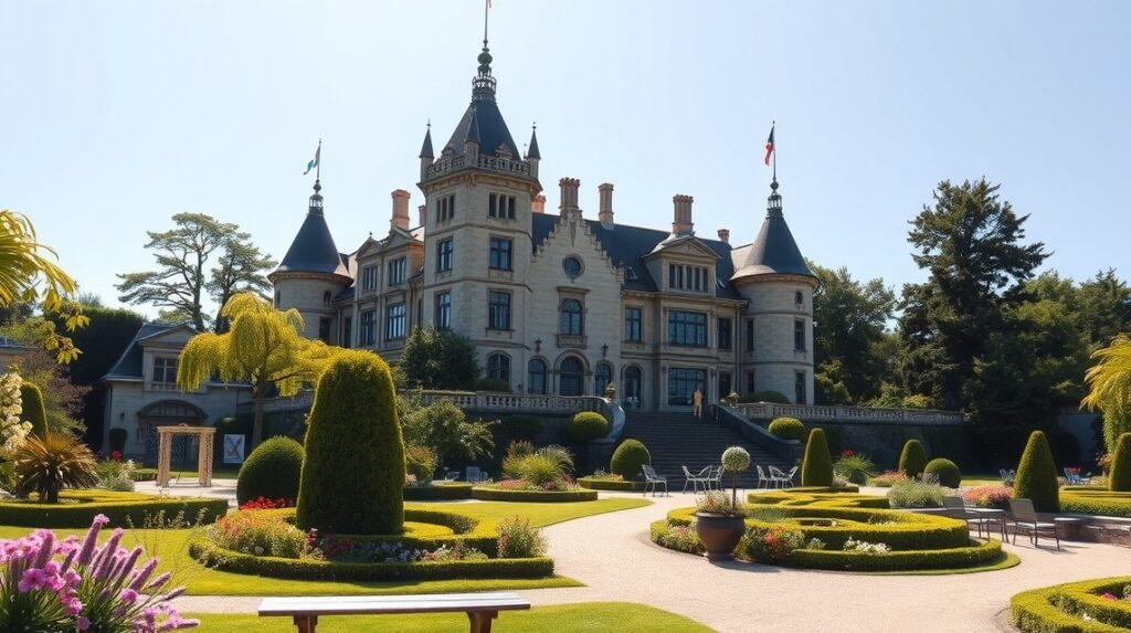 Kokkedal kastély lenyűgöző homlokzata Brovstban, csodás kertrésszel.