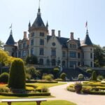 Kokkedal kastély lenyűgöző homlokzata Brovstban, csodás kertrésszel.