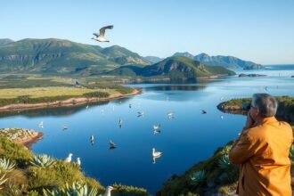 Madárles a Torskevig-öböl ben, gyönyörű táj és vízimadarak.