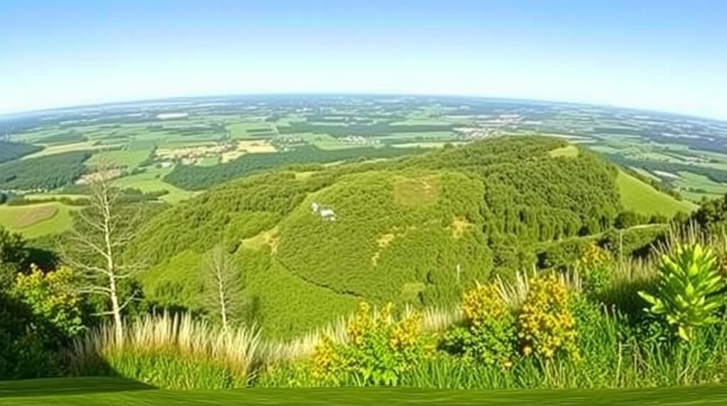 Kilátás a Janum Kjøt dombról Brovstban Dánia vibráló zöld tájjal