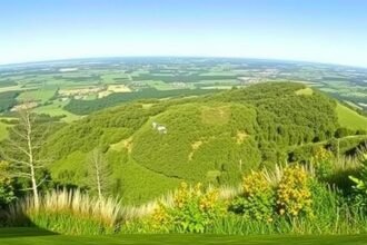 Kilátás a Janum Kjøt dombról Brovstban Dánia vibráló zöld tájjal