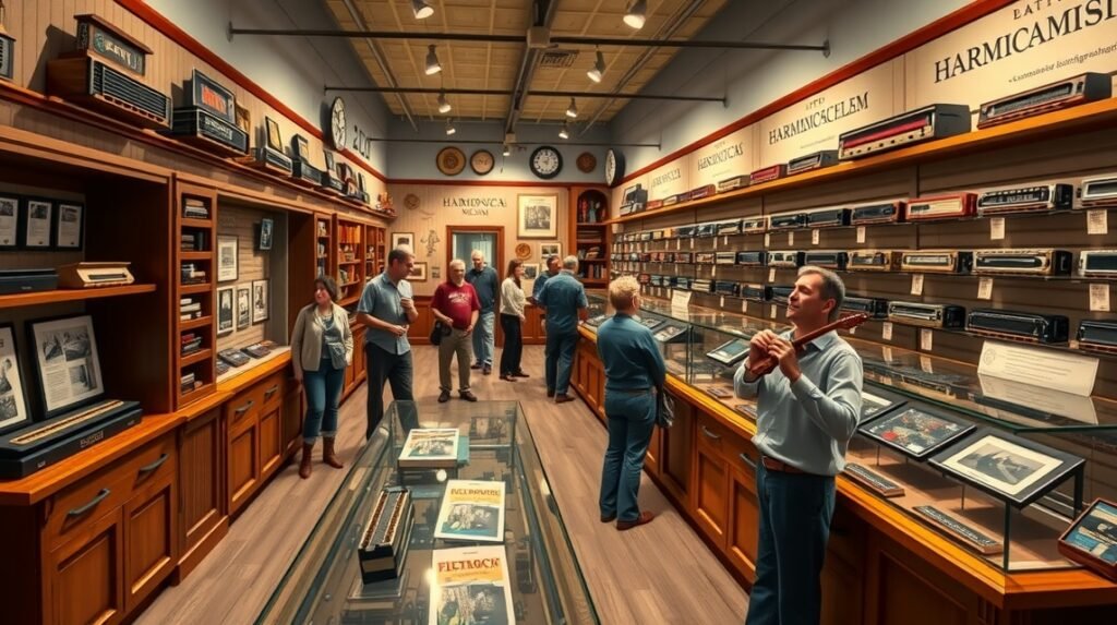Brovst Harmonikamúzeuma interaktív kiállítással és látogatókkal.