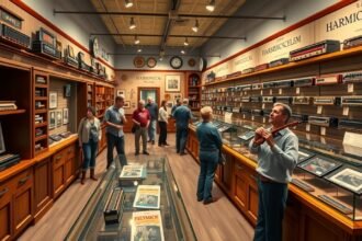 Brovst Harmonikamúzeuma interaktív kiállítással és látogatókkal.