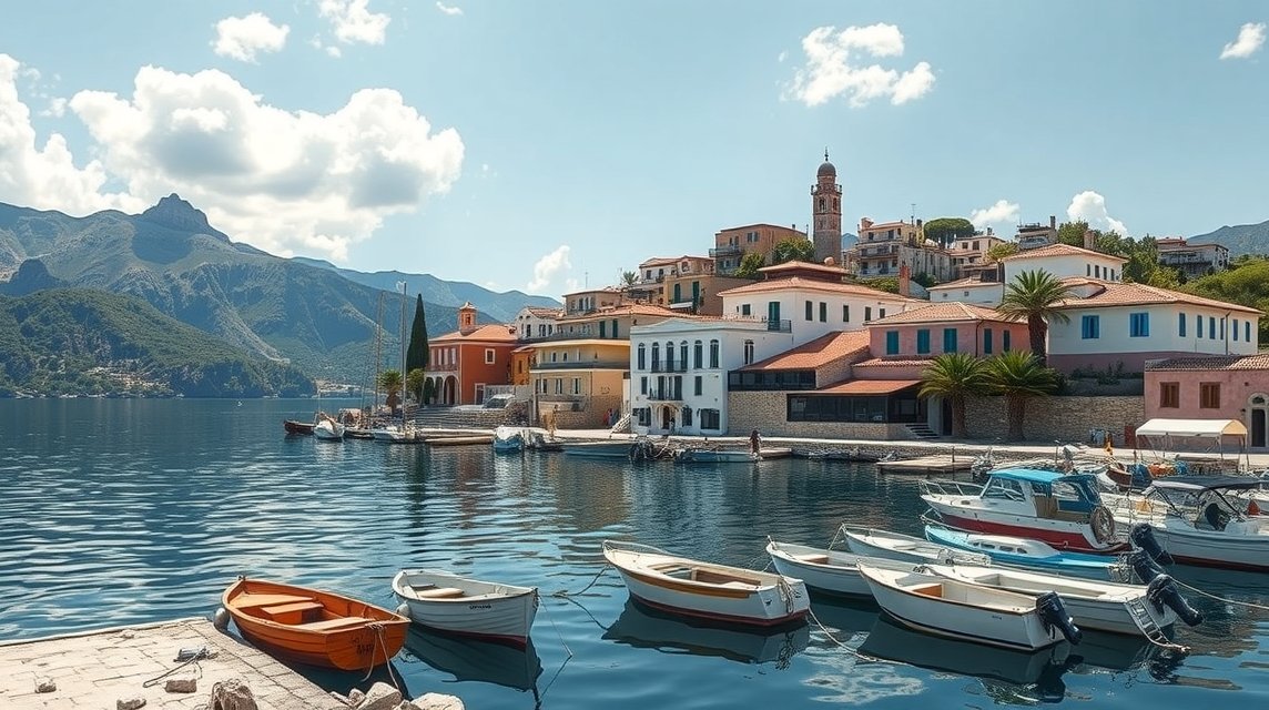 Fiskardo kilátás Kefalónián, gyönyörű házak és hajók a vízben.