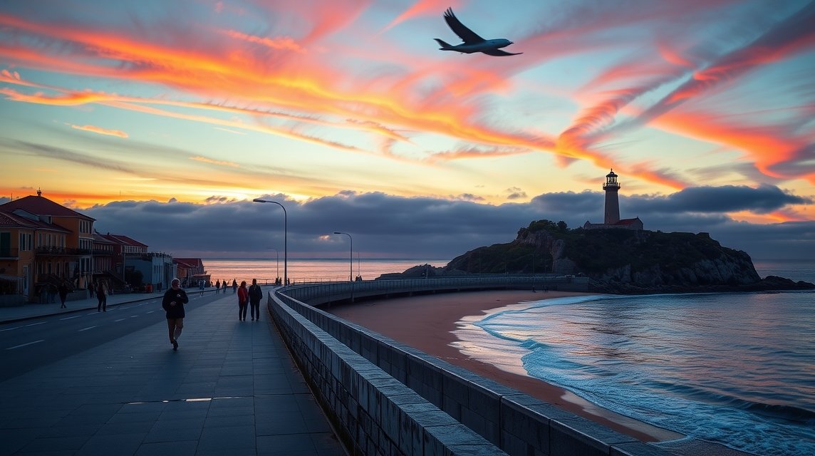 Naplemente a Foz do Douro tengerpartján, világítótoronnyal és sétálókkal.