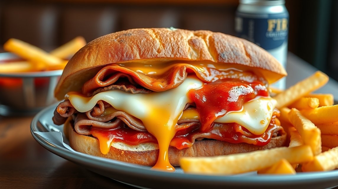 Francesinha szendvics olvadt sajttal és füstös szósszal