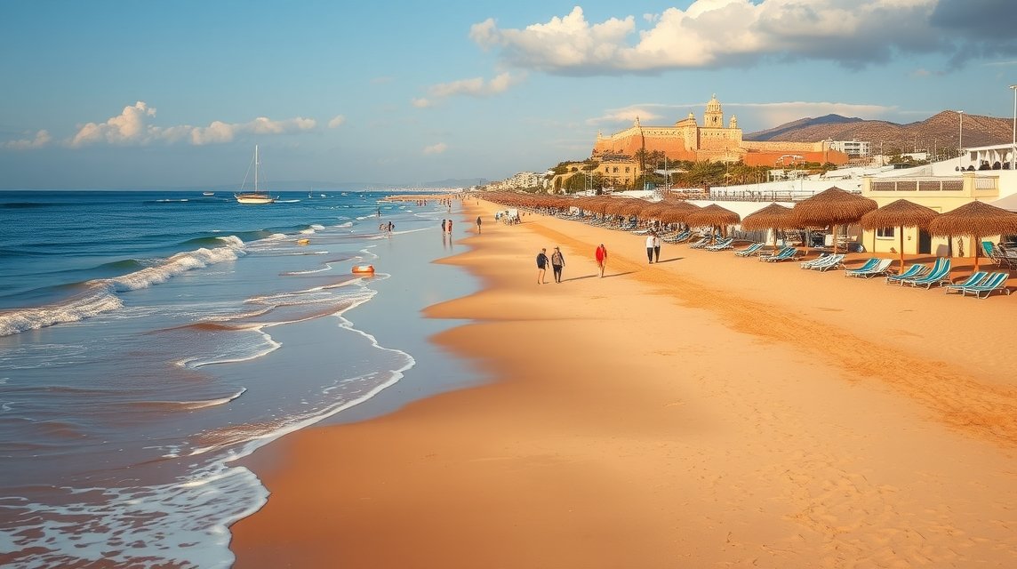 Fuengirola tengerpartja és a Sohail várkastély a háttérben.