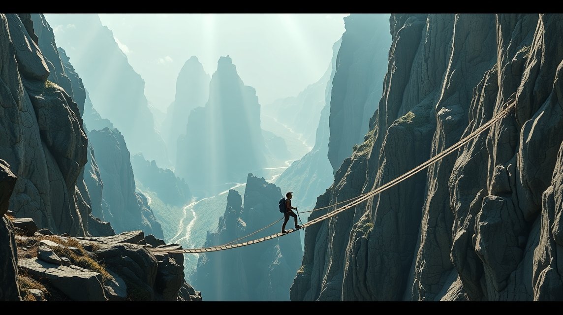 Bátor túrázó a Tordai-hasadék függőhídján, sziklafalak között.