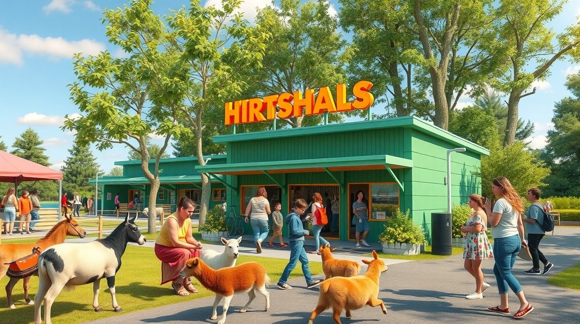 Fun Park Hirtshals állatsimogató, élő állatokkal és látogatókkal.