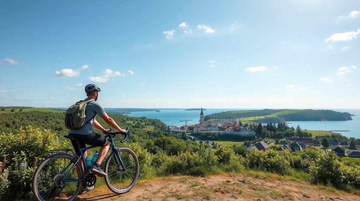 Kerékpáros néz a gyönyörű Fyn sziget tengerpartjára Kertemindében