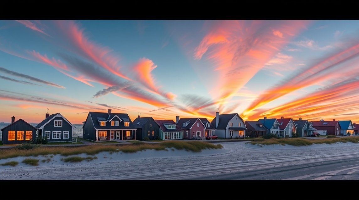 Gammel Skagen luxusnegyedének naplementés tengerparti látképe