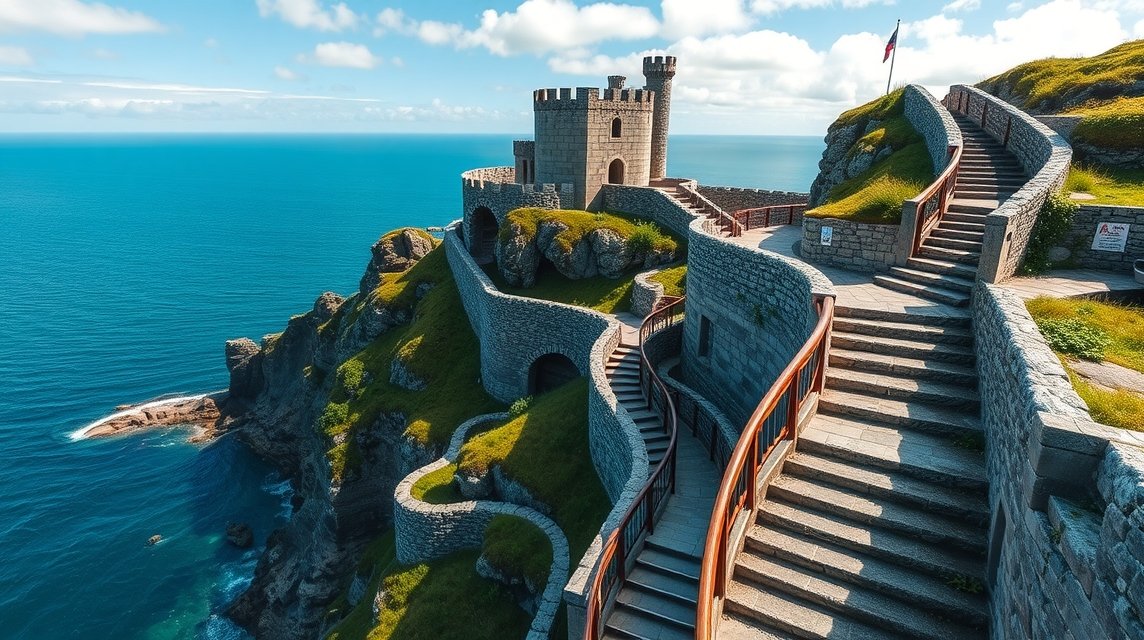 Gaztelugatxe sárkánykő vára Baszkföldön, lépcsősor a tenger felett.