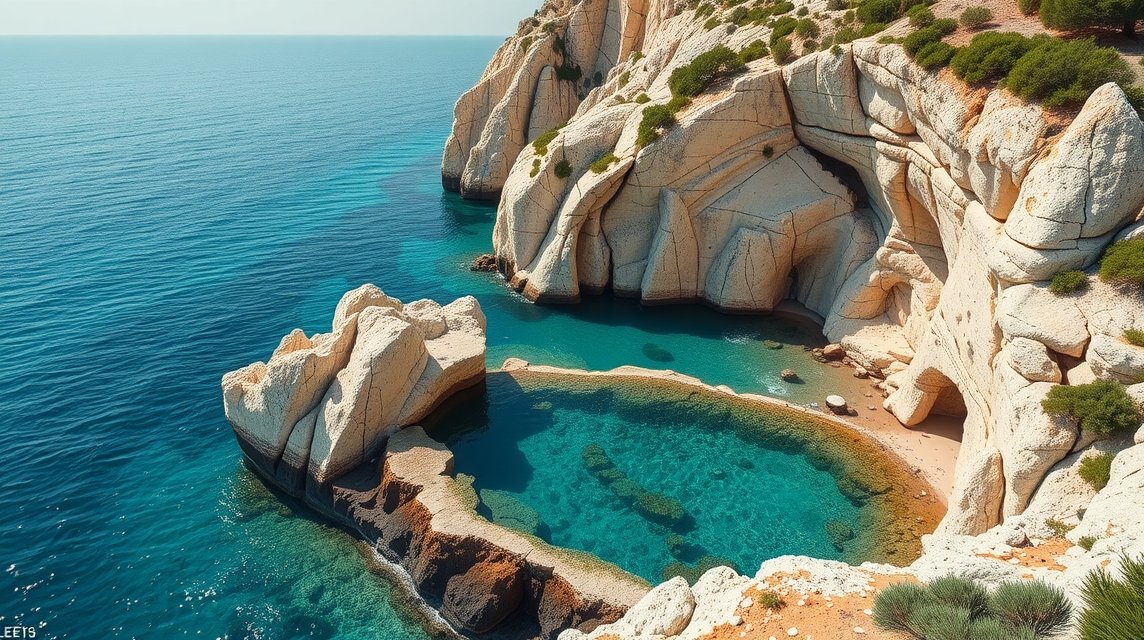 Giola természetes sziklamedence kristálytiszta vízben Thassos szigetén.