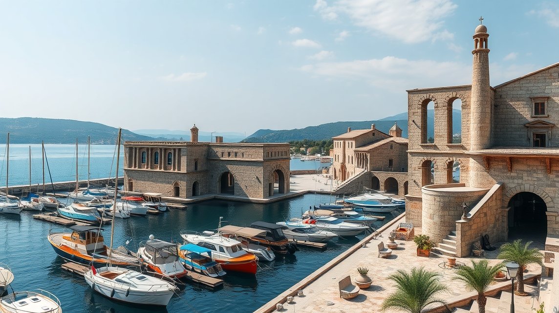 Gouvia marina és a velencei hajógyár romjai Korfun.