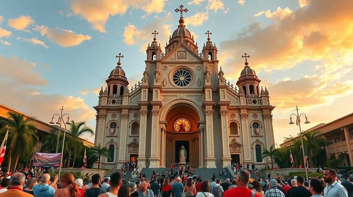 A Guadalupe-i Bazilika gyönyörű épülete Mexikóvárosban, zarándokok tömegével.