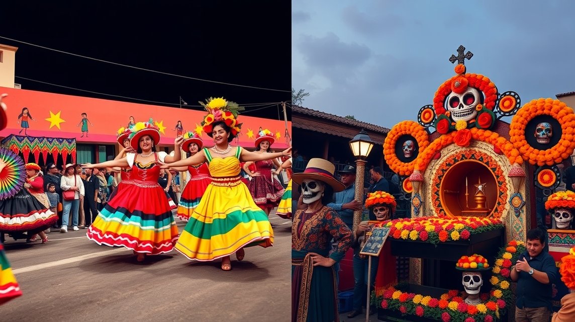 Színes táncosok a Guelaguetza fesztiválon, Halottak Napja oltára